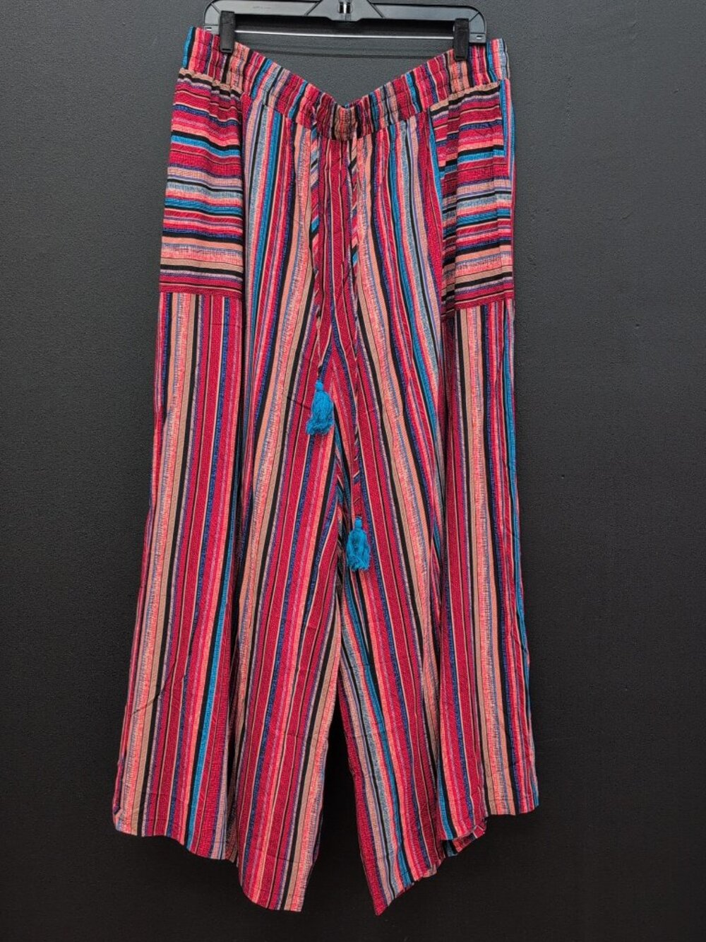 Bloomchic Boho Striped Print Wide Leg Women's Pants With Tassels 22-24 Multi